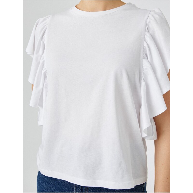 Koton Ruffled Sleeves T-shirt Crew Neck Cotton