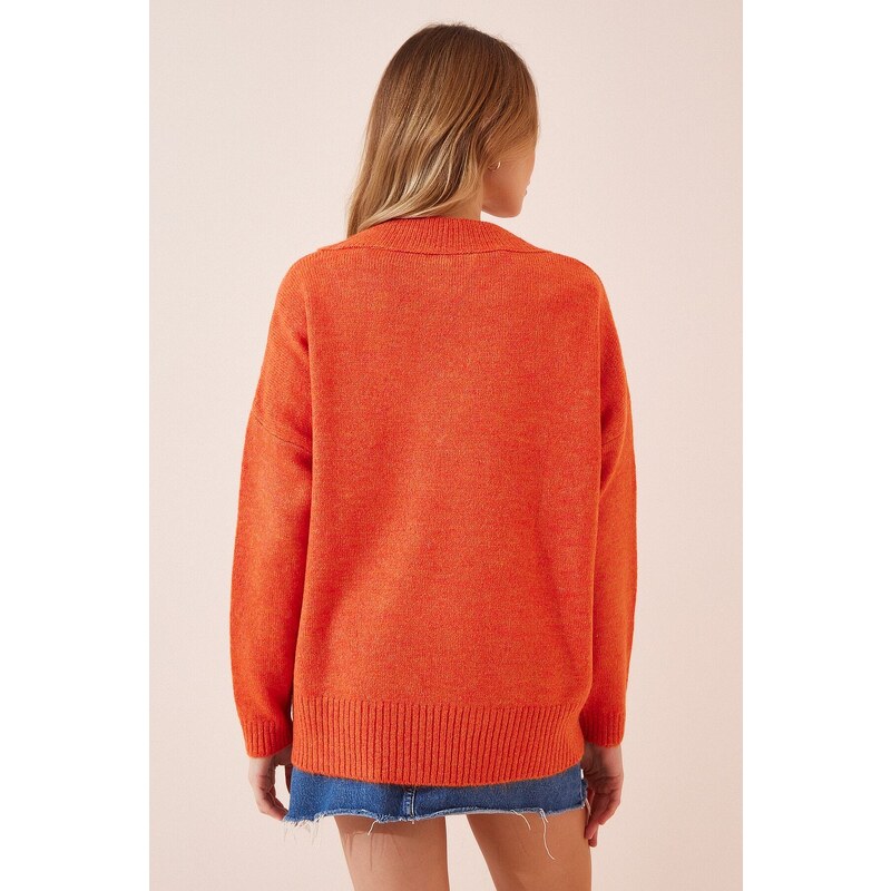 Happiness İstanbul Women's Orange V-Neck Oversize Knitwear Sweater