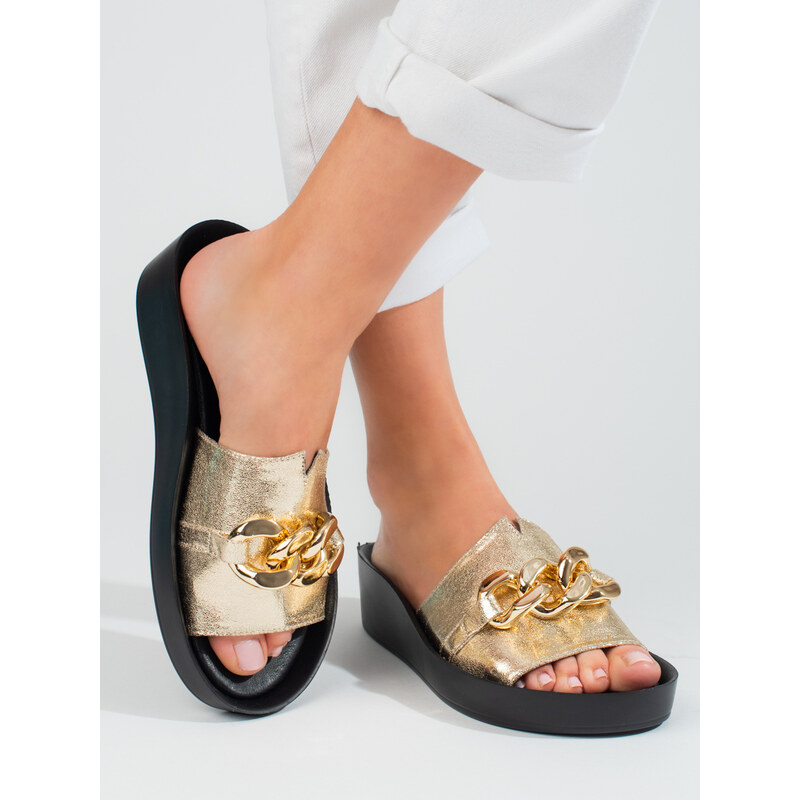 Comfortable Shelovet gold womens slippers with chain 107059961