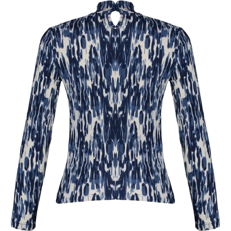 Trendyol Navy Blue Printed Fitted/Situated High Neck Long Sleeve Crepe/Textured Knitted Blouse