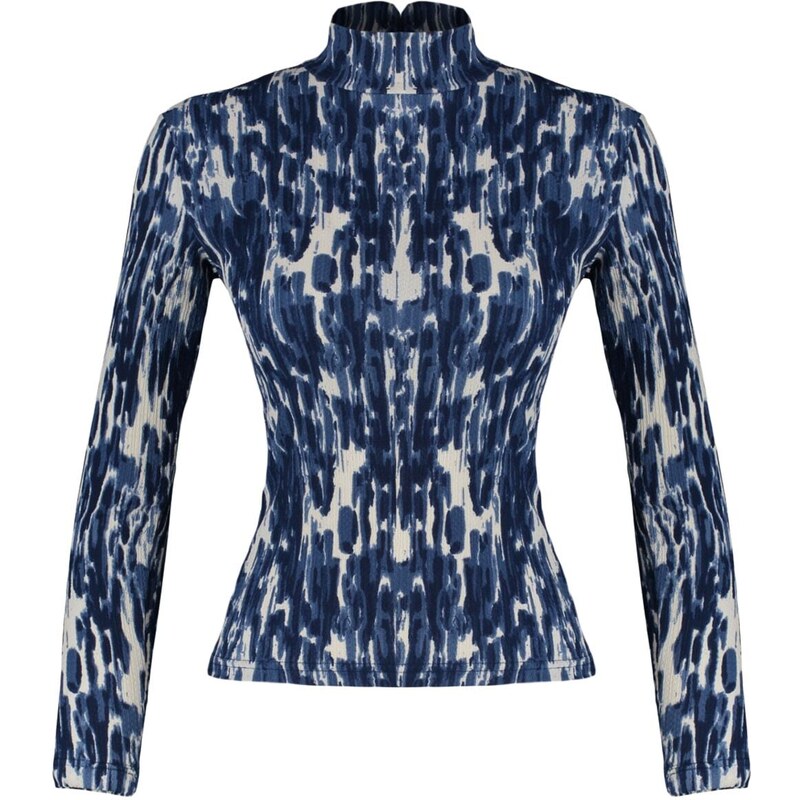 Trendyol Navy Blue Printed Fitted/Situated High Neck Long Sleeve Crepe/Textured Knitted Blouse