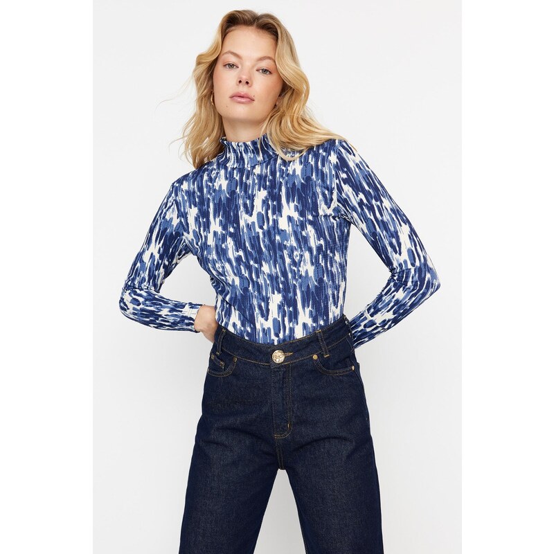 Trendyol Navy Blue Printed Fitted/Situated High Neck Long Sleeve Crepe/Textured Knitted Blouse