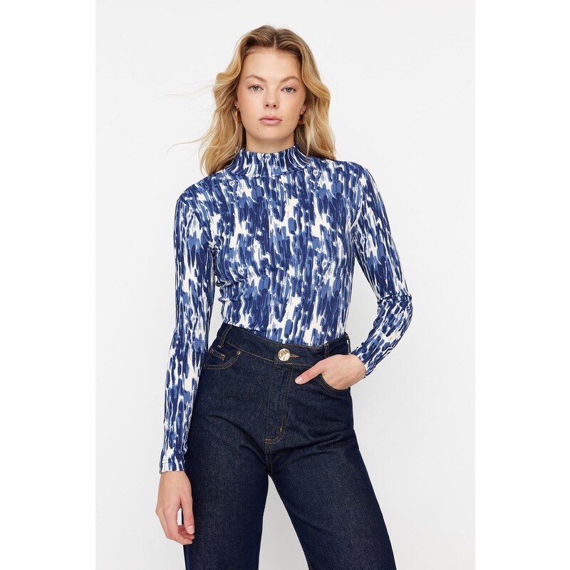 Trendyol Navy Blue Printed Fitted/Situated High Neck Long Sleeve Crepe/Textured Knitted Blouse