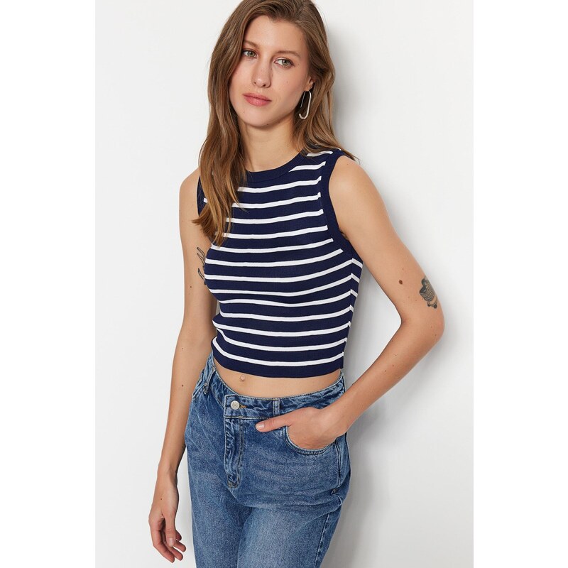 Trendyol Navy Blue Crop Striped Knitwear Blouse