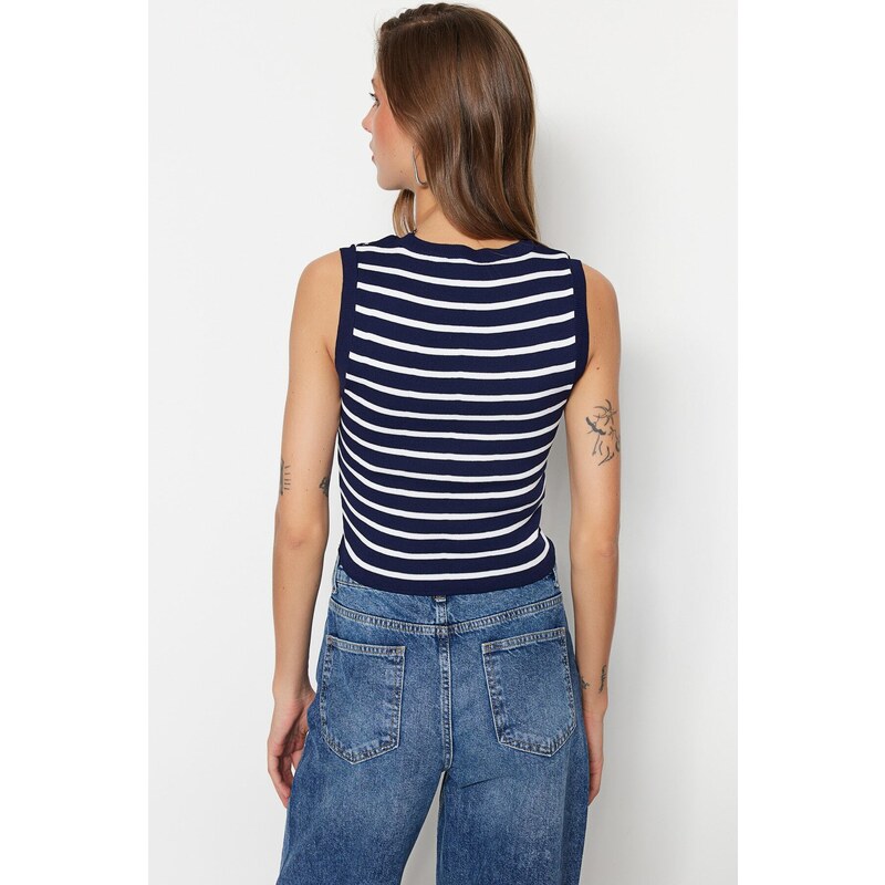 Trendyol Navy Blue Crop Striped Knitwear Blouse