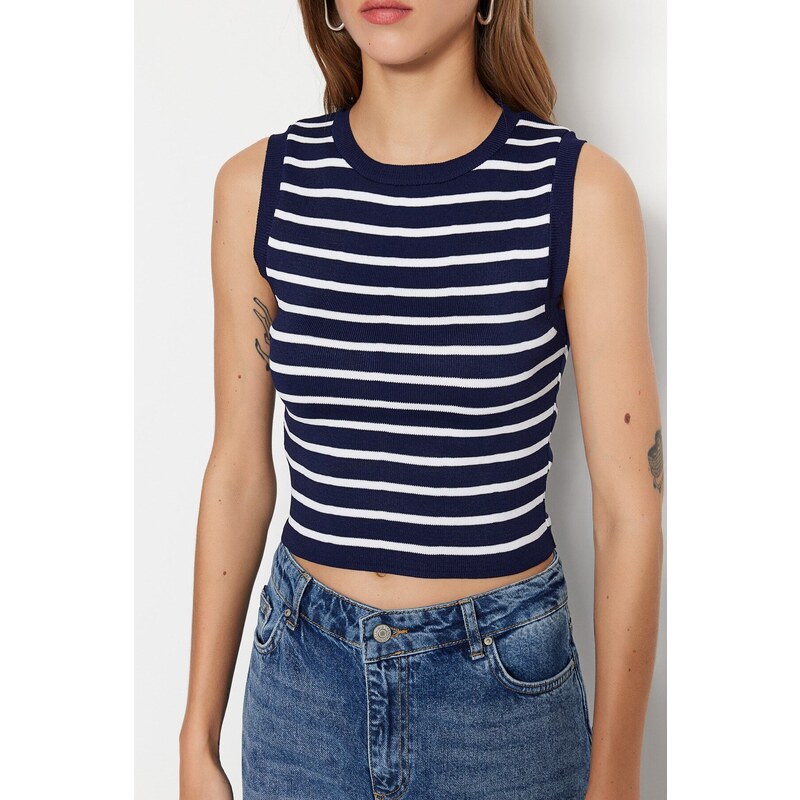 Trendyol Navy Blue Crop Striped Knitwear Blouse