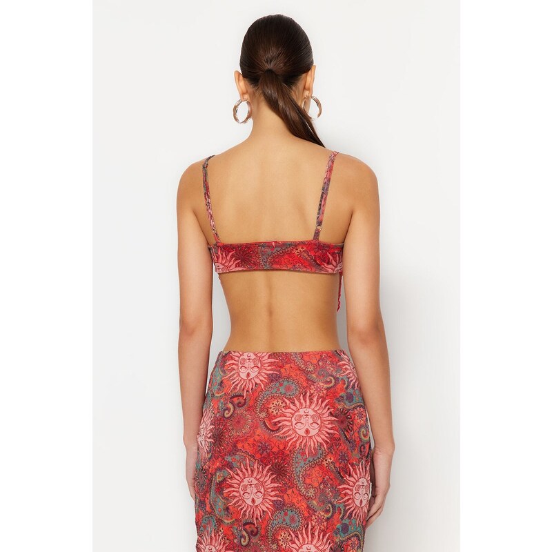 Trendyol Premium Orange Printed Back Crossover Straps Asymmetric Skirt Tulle Knitted Blouse