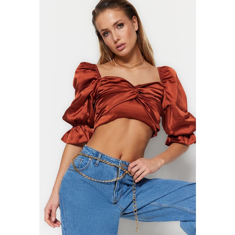 Trendyol Skořicová Crop Podšitá Tkaná Saténová Halenka 107063522
