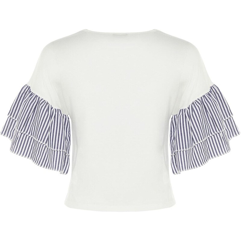 Trendyol White Poplin Detail Relaxed/Wide Comfortable Cut Crewneck Knitted Blouse
