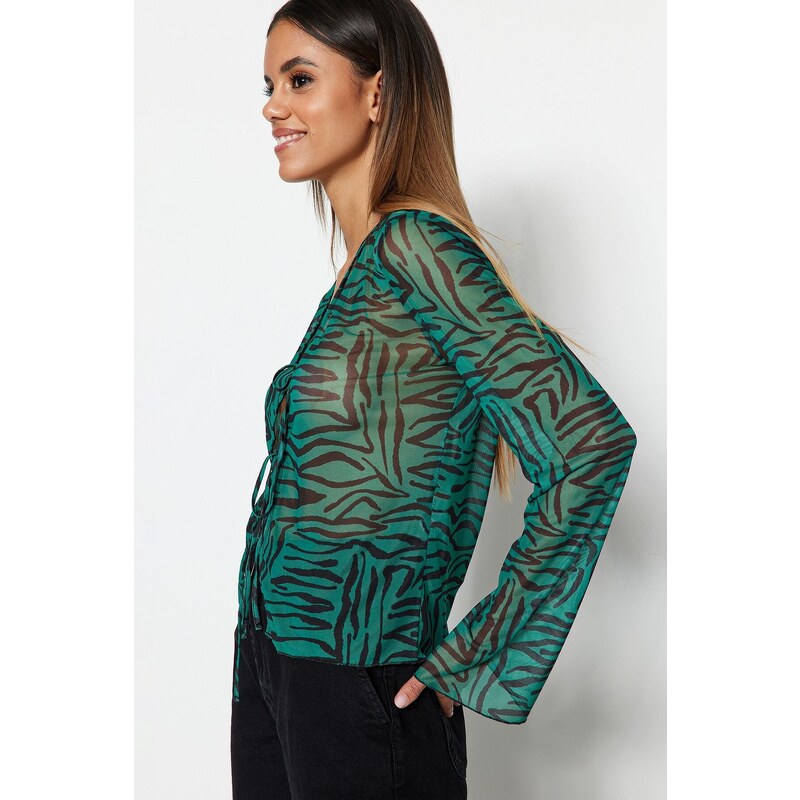 Trendyol Green Animal Patterned Lace-up Detailed Tulle Stretch Knitted Blouse