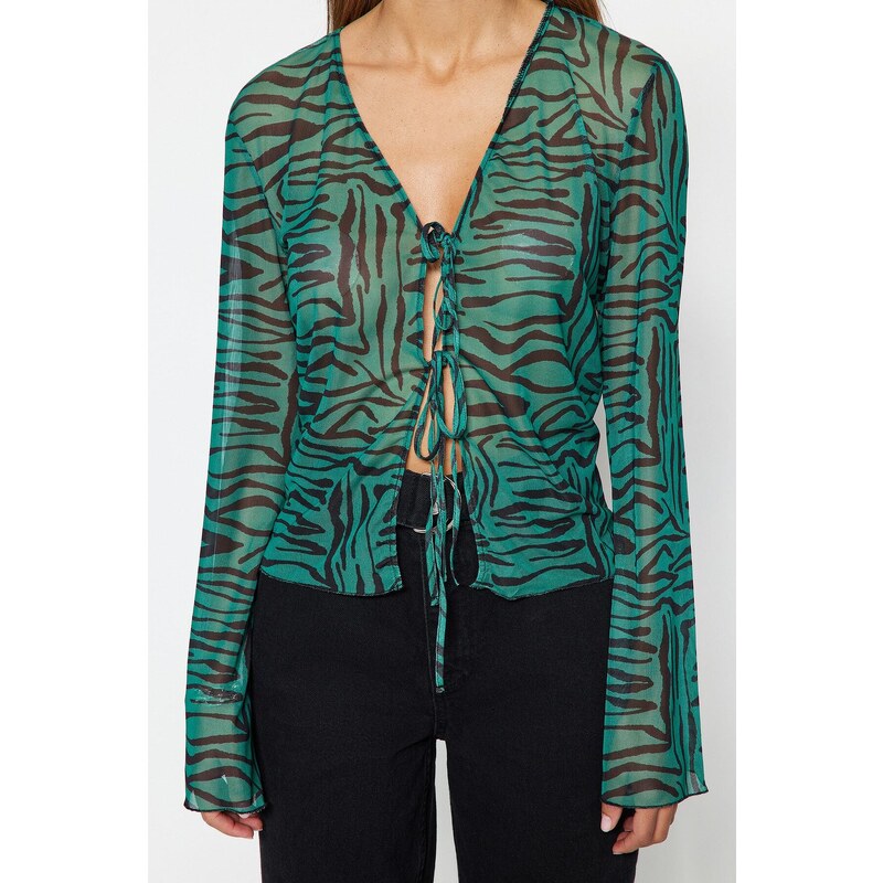 Trendyol Green Animal Patterned Lace-up Detailed Tulle Stretch Knitted Blouse