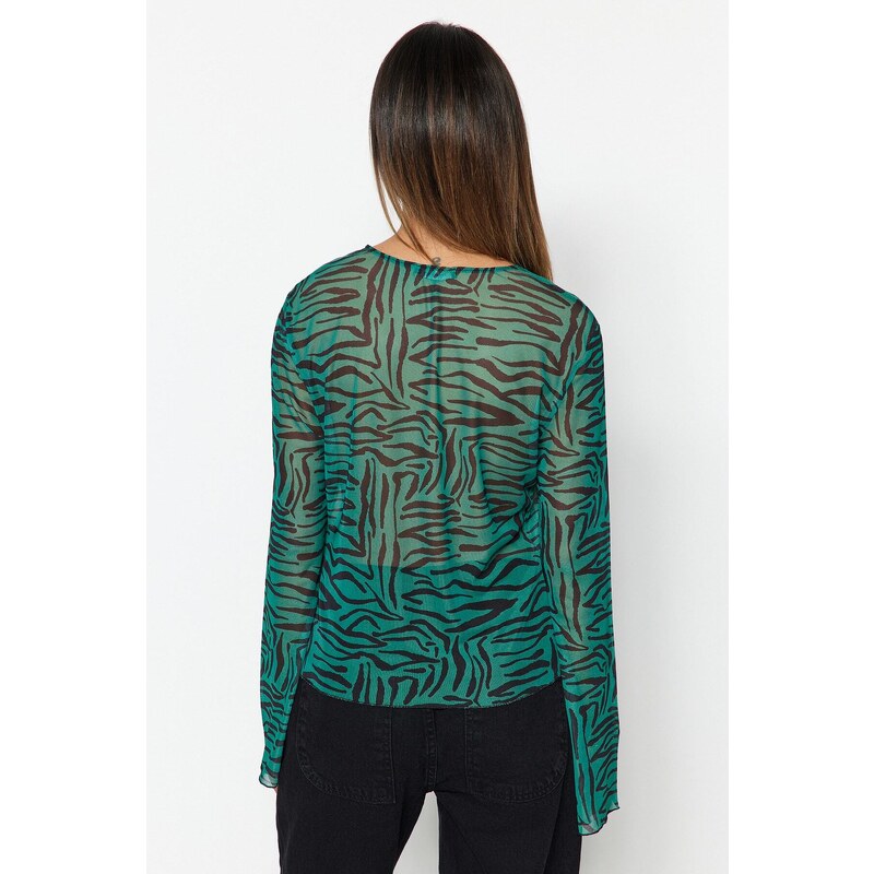 Trendyol Green Animal Patterned Lace-up Detailed Tulle Stretch Knitted Blouse