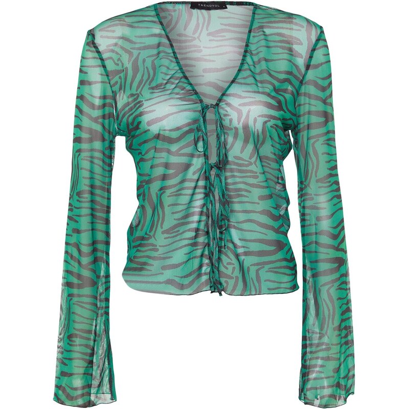 Trendyol Green Animal Patterned Lace-up Detailed Tulle Stretch Knitted Blouse