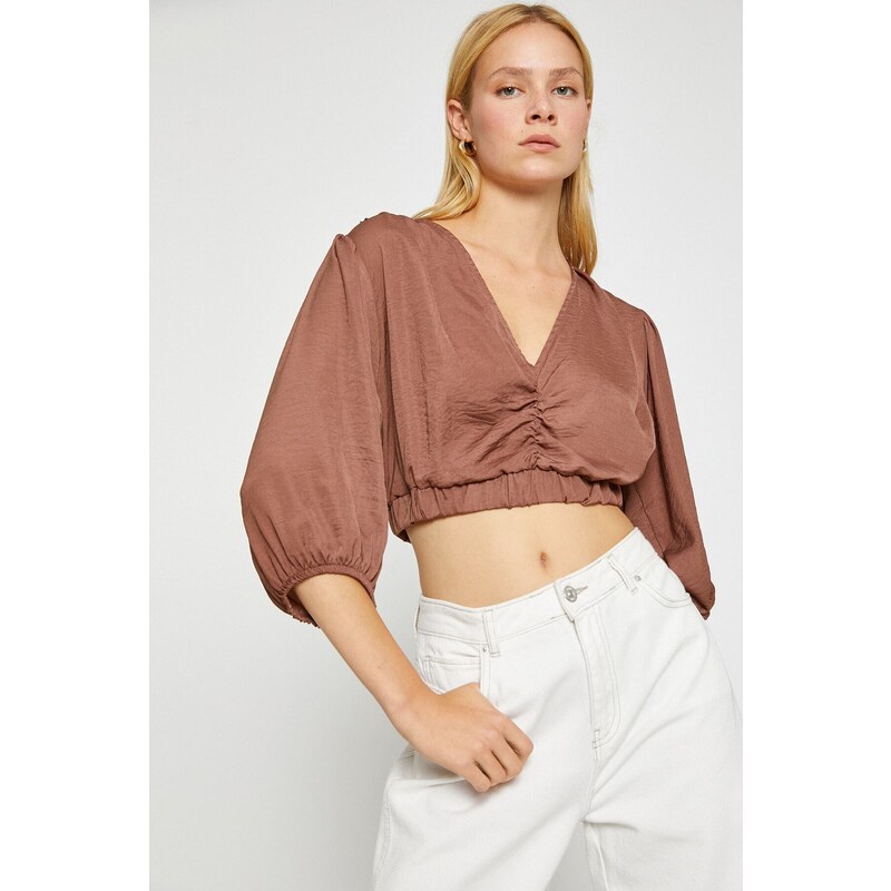 Koton Satin-Look Crop Top V-Neck Balloon Sleeves