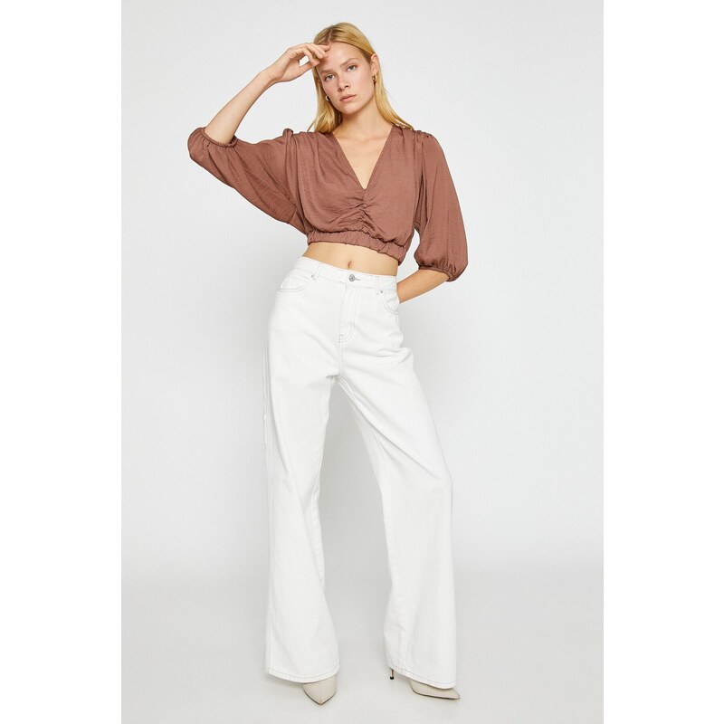 Koton Satin-Look Crop Top V-Neck Balloon Sleeves