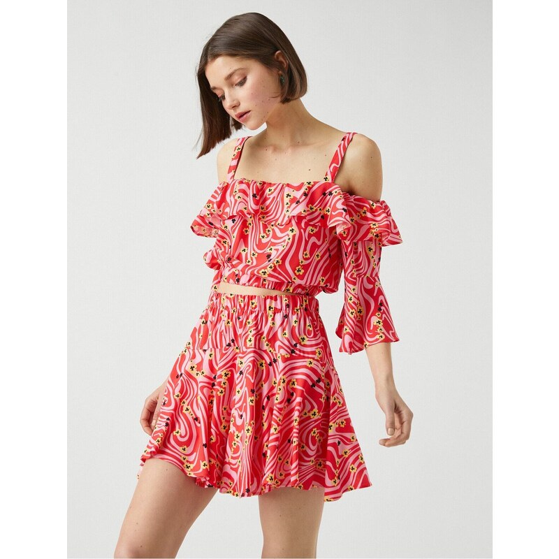 Koton Patterned Crop Top Ruffle Off Shoulders