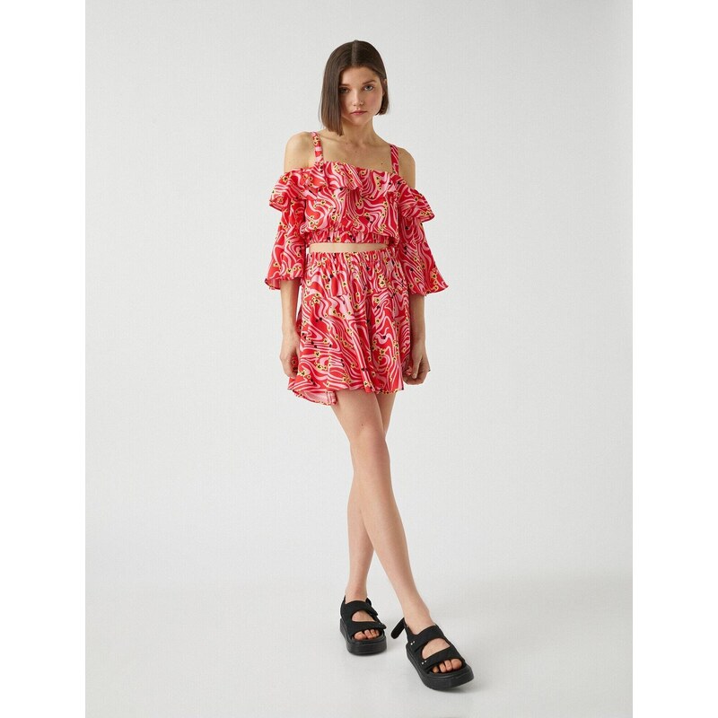 Koton Patterned Crop Top Ruffle Off Shoulders