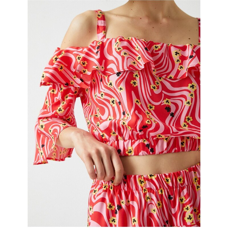 Koton Patterned Crop Top Ruffle Off Shoulders