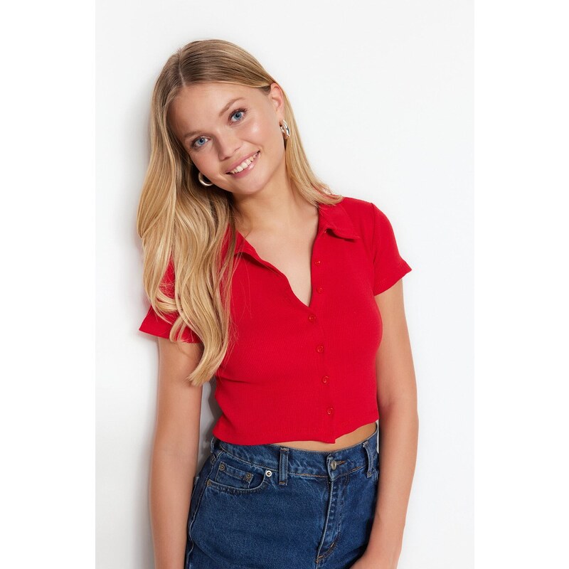 Trendyol Red Button Detail Fitted/Situated Crop Polo Neck Ribbed Stretch Knit Blouse