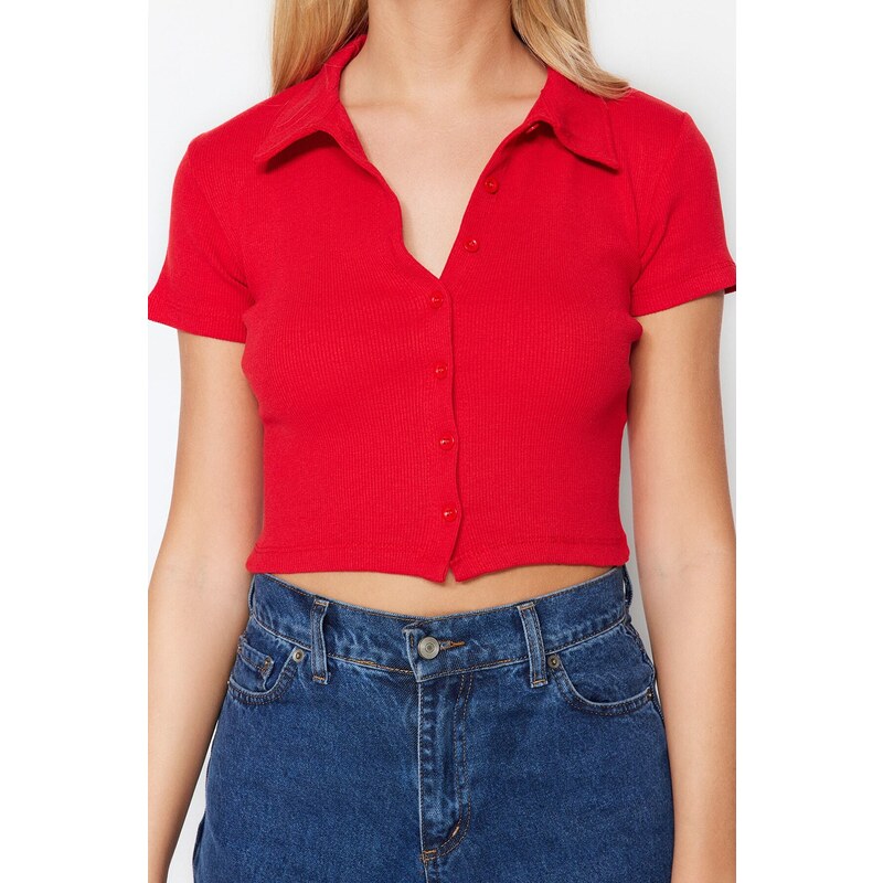 Trendyol Red Button Detail Fitted/Situated Crop Polo Neck Ribbed Stretch Knit Blouse