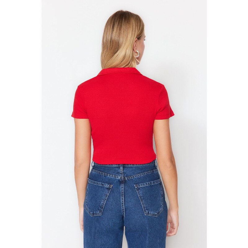 Trendyol Red Button Detail Fitted/Situated Crop Polo Neck Ribbed Stretch Knit Blouse