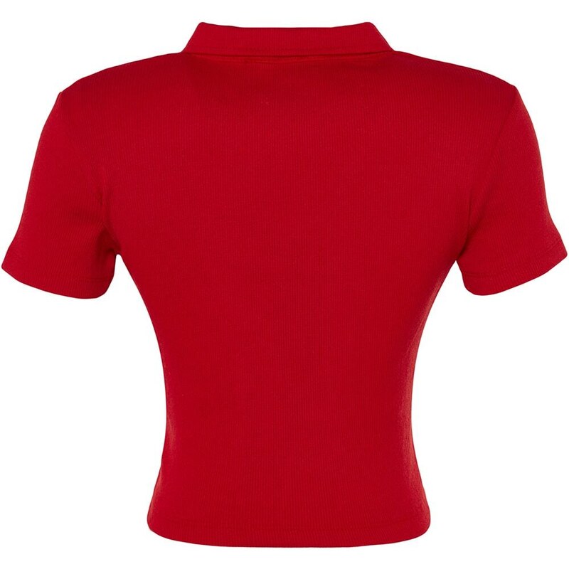 Trendyol Red Button Detail Fitted/Situated Crop Polo Neck Ribbed Stretch Knit Blouse