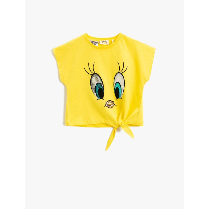 Koton Tweety Licensed T-Shirt. Sequined Embroidered Short Sleeves with Tie Waist Crewneck.