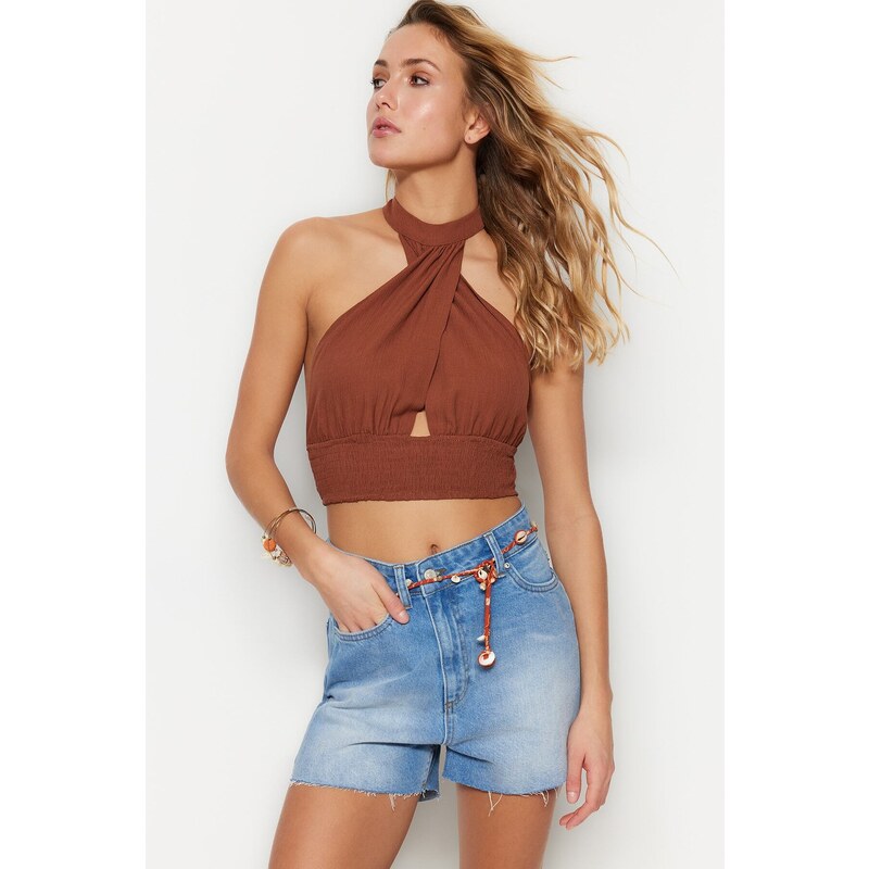 Trendyol Brown Crop Woven Cut Out/Window Blouse