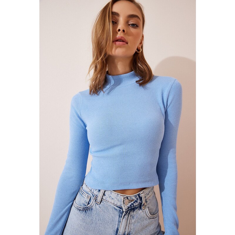 Happiness İstanbul Women's Sky Blue Ribbed Turtleneck Crop Knitted Blouse