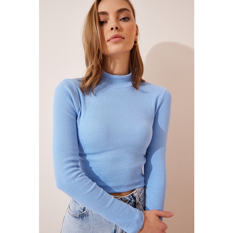 Happiness İstanbul Women's Sky Blue Ribbed Turtleneck Crop Knitted Blouse