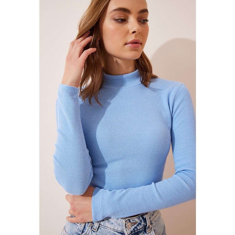 Happiness İstanbul Women's Sky Blue Ribbed Turtleneck Crop Knitted Blouse