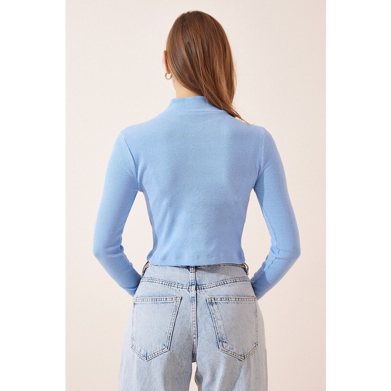 Happiness İstanbul Women's Sky Blue Ribbed Turtleneck Crop Knitted Blouse