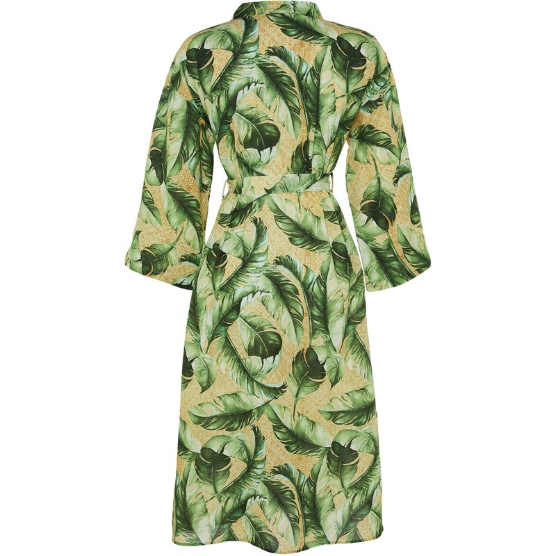 Trendyol Tropical Patterned Belted Midi Woven Kimono & Kaftan 100% Cotton with Tassels