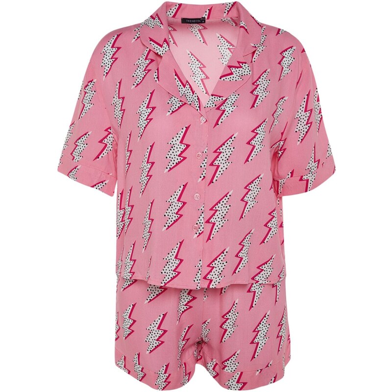 Trendyol Pink Patterned Viscose Shirt-Shorts Woven Pajamas Set