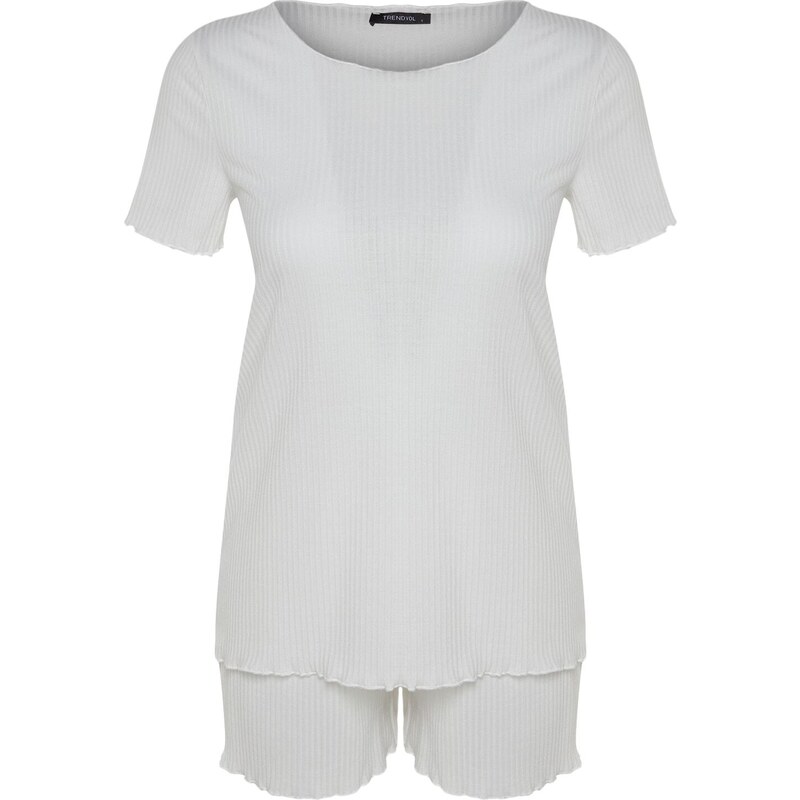 Trendyol White Corduroy T-shirt-Shorts Knitted Pajamas Set