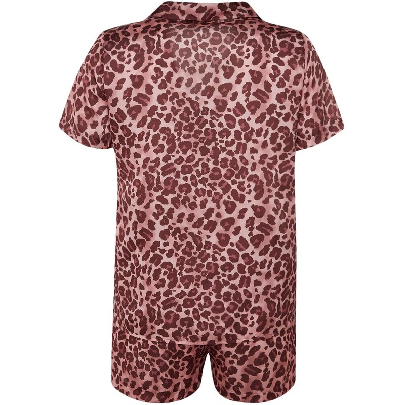 Trendyol Pink Leopard Patterned Satin Shirt-Shorts Woven Pajama Set