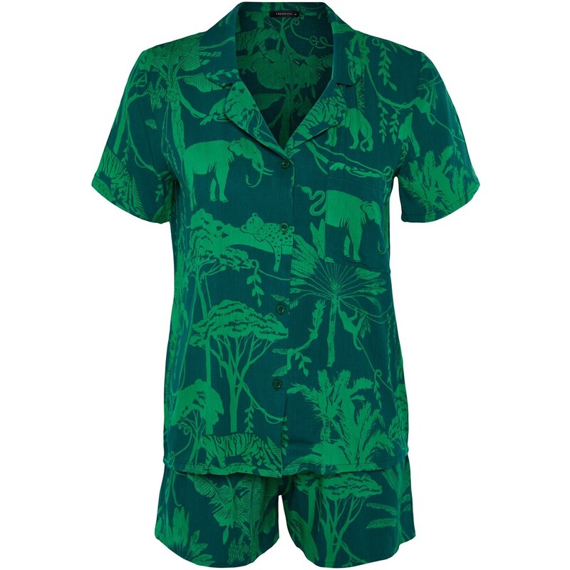 Trendyol Green Print Detailed Viscose Shirt-Shorts Pajamas Set