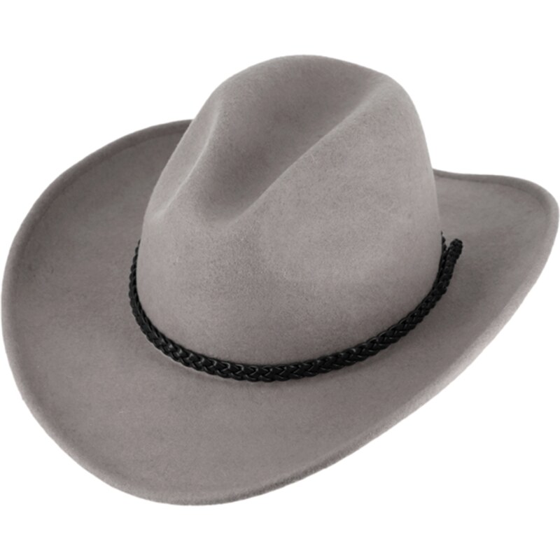 Fiebig Měkký šedý klobouk ve stylu western - tvárný (tvarovatelná krempa) s drátem po okraji a koženým řemínkem