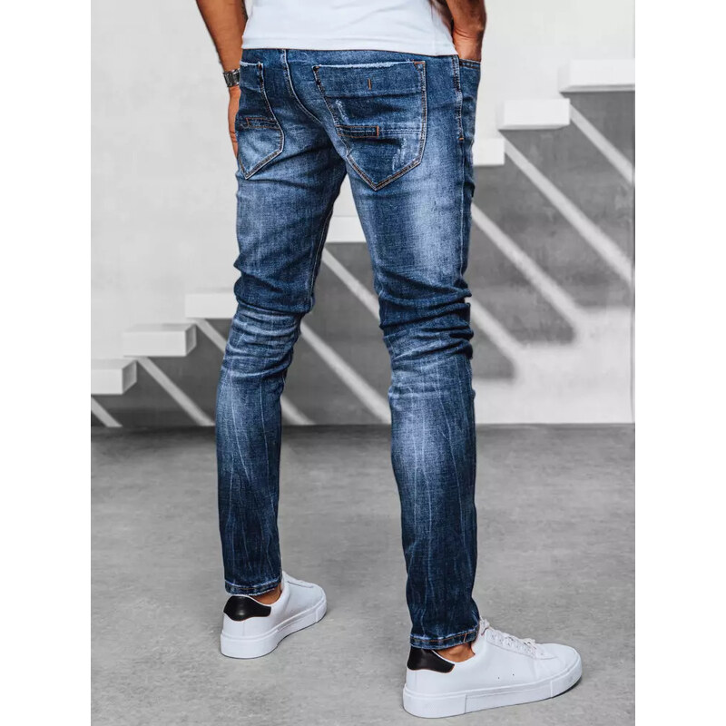 BASIC Modré děrované pánské džínové kalhoty Denim vzor