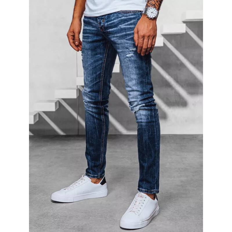 BASIC Modré děrované pánské džínové kalhoty Denim vzor