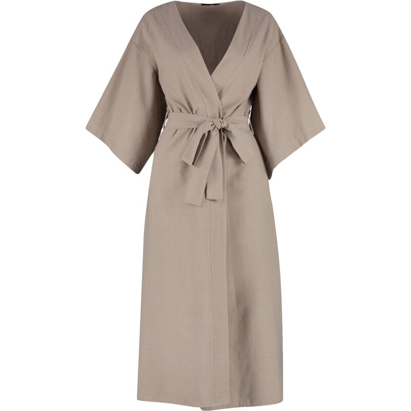 Trendyol Beige Belted Maxi Woven Linen Look Kimono&Kaftan