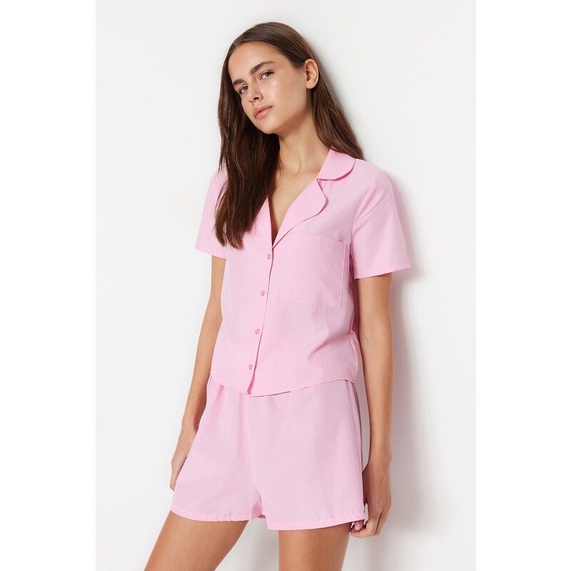 Trendyol Pink Terrycotton Shirt-Shorts Woven Pajamas Set