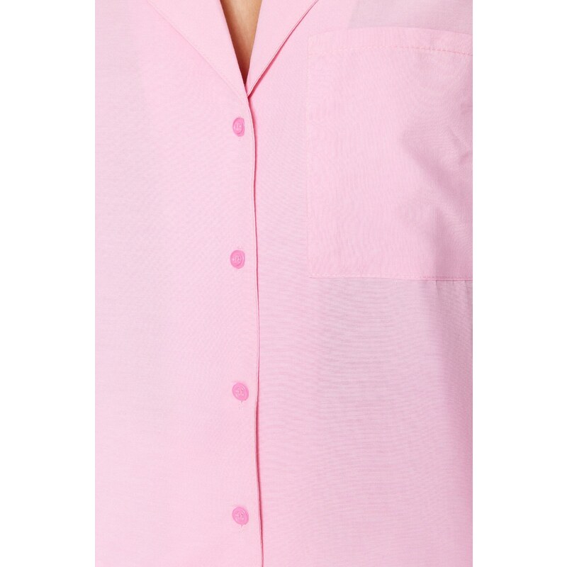 Trendyol Pink Terrycotton Shirt-Shorts Woven Pajamas Set