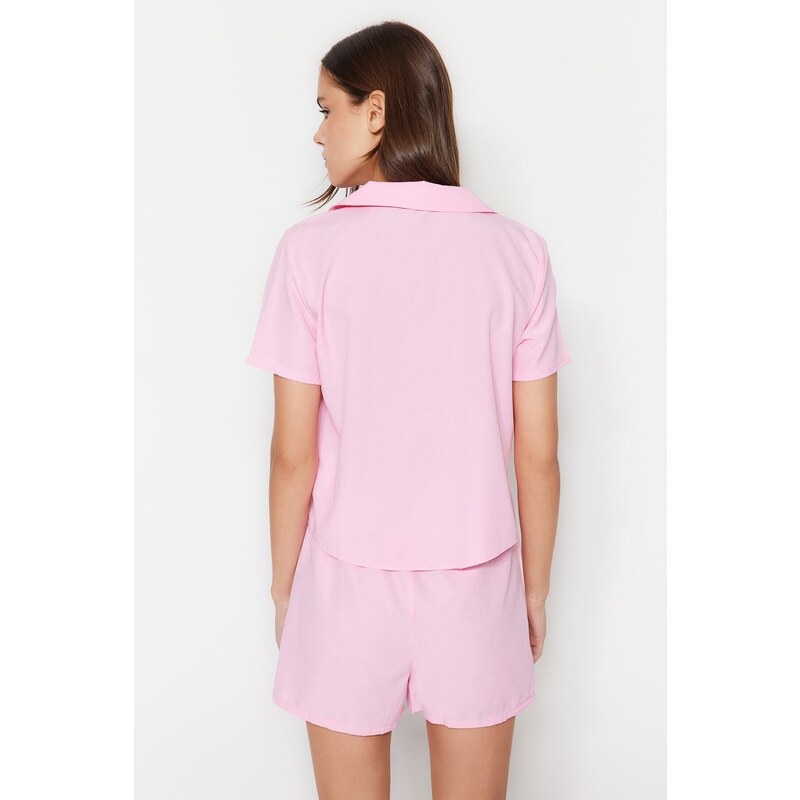 Trendyol Pink Terrycotton Shirt-Shorts Woven Pajamas Set