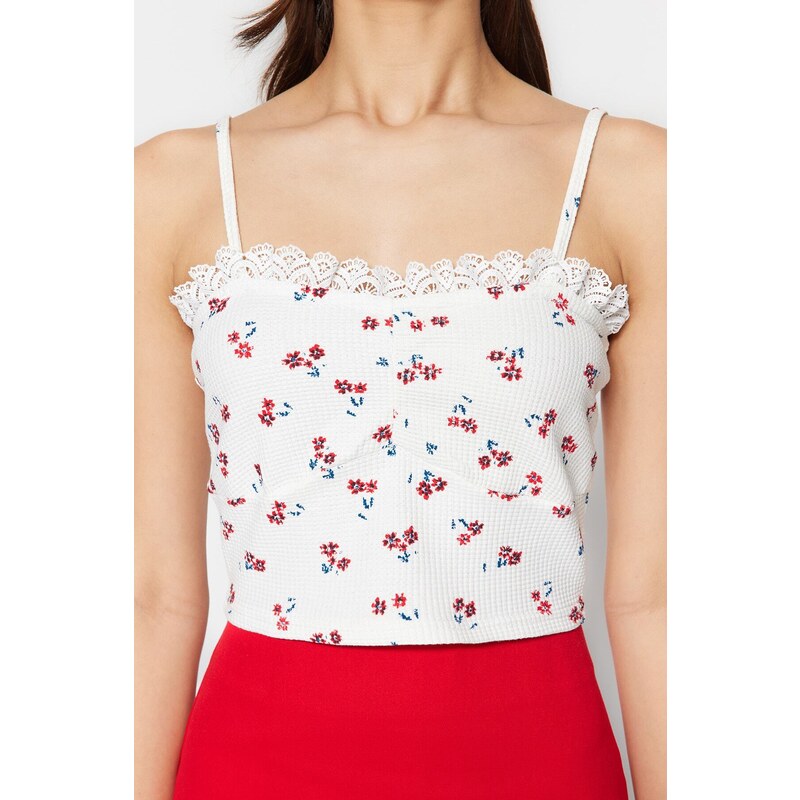 Trendyol White Floral Printed Strap Fitted/Simple Waffle Fabric Super Crop Knitted Blouse