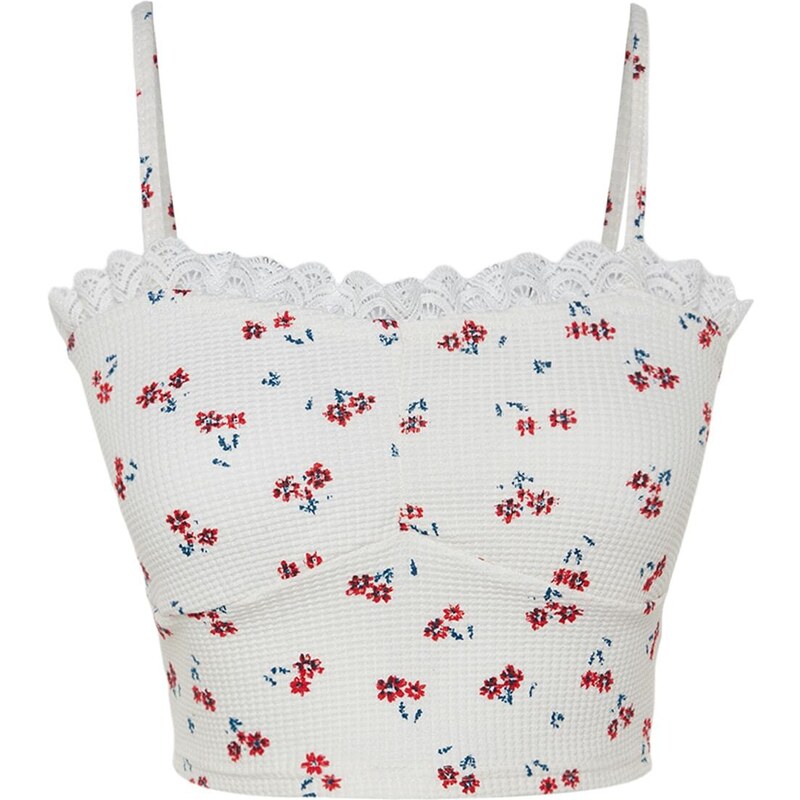 Trendyol White Floral Printed Strap Fitted/Simple Waffle Fabric Super Crop Knitted Blouse