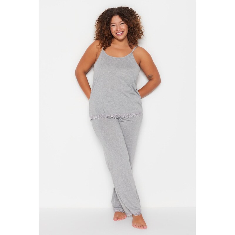 Trendyol Curve Gray Knitted Lace Detailed Pajamas Set
