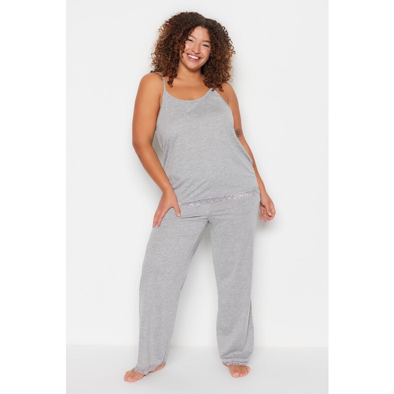 Trendyol Curve Plus Size Pajama Set - Gray - Plain