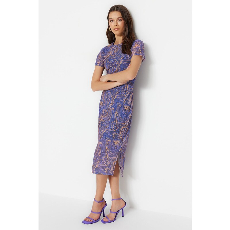 Trendyol Blue Printed Midi Tulle Dress