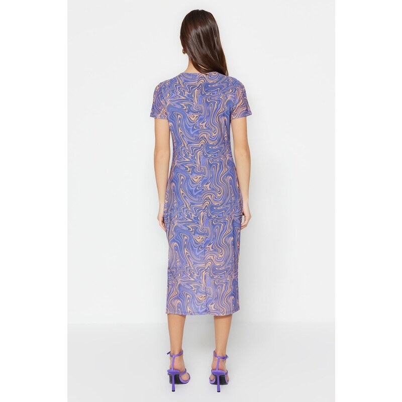 Trendyol Blue Printed Midi Tulle Dress